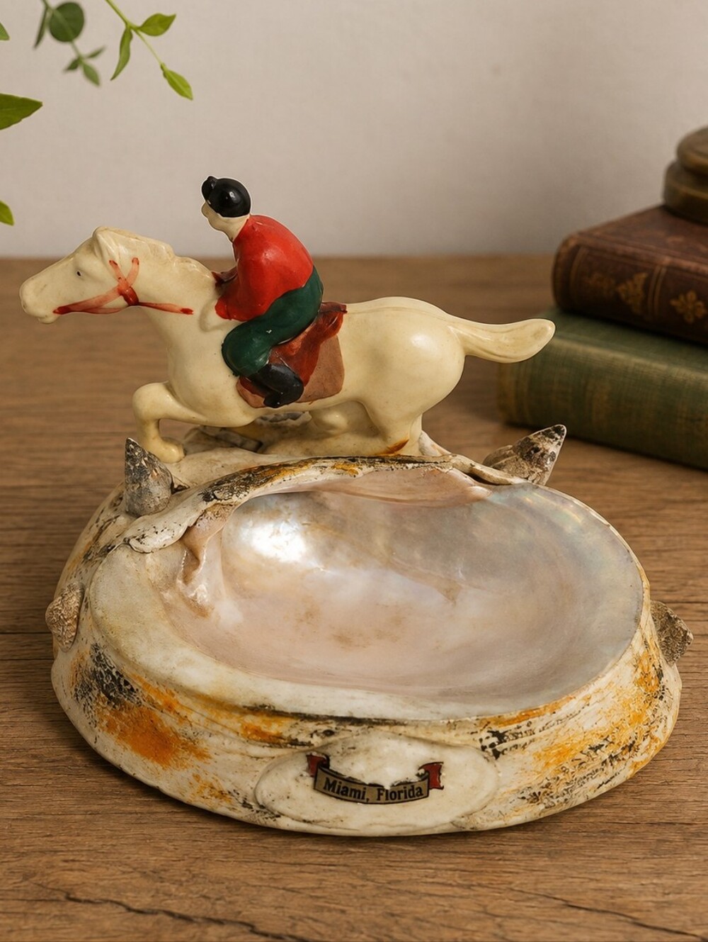 Vtg Equestrian Jockey Horse Sea Shell Art Ashtray Tricket Tray Miami Souvenir